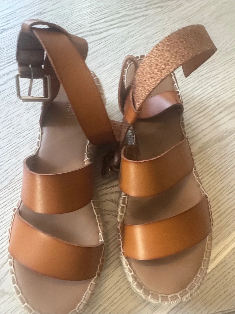 Womens Tan Leather Platform Espadrille Sandals with Ankle Strap